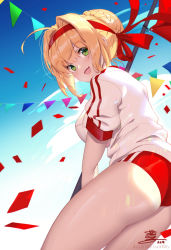 Rule 34 | 10s, 1girl, ahoge, ass, blonde hair, blue sky, braid, breasts, buruma, confetti, day, fate/extra, fate/grand order, fate (series), french braid, green eyes, gym uniform, hair bun, hair intakes, hairband, headband, large breasts, looking at viewer, looking back, lucidsky, nero claudius (fate), nero claudius (fate) (all), nero claudius (fate/extra), nero claudius (olympian bloomers) (fate), official alternate costume, open mouth, red buruma, short sleeves, single hair bun, sky, smile, solo, thighs