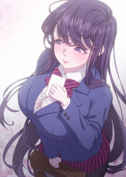 Rule 34 | 1girl, blurry, blurry background, blush, breasts, briefcase, bursting breasts, cleavage, closed mouth, eyelashes, highres, holding, holding briefcase, holding letter, komi-san wa komyushou desu, komi shouko, large breasts, letter, long eyelashes, long hair, love letter, pink lips, purple eyes, purple hair, rhasta, skirt, smile, solo, striped clothes, striped skirt