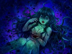 Rule 34 | 1girl, black hair, black nails, breasts, canibal, colored skin, fingernails, green eyes, green skin, long hair, medium breasts, monster girl, nail polish, nude, open mouth, purple background, scp-811, scp (9scp), scp foundation, sharp fingernails, sharp teeth, teeth