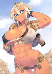 Rule 34 | 1girl, 23 (real xxiii), :&lt;, abs, blonde hair, blue eyes, breasts, camouflage, camouflage shorts, cloud, covered erect nipples, dark-skinned female, dark skin, day, dog tags, female focus, fingerless gloves, gloves, gun, handgun, highres, holster, large breasts, muscular, navel, original, pistol, puffy nipples, sela (23), short hair, shorts, sky, solo, sweat, sweatdrop, toned, walther, walther p99, weapon, zipper