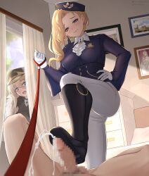 Rule 34 | 1boy, 2girls, absurdres, ascot, azur lane, bed, bedroom, bismarck (azur lane), bismarck zwei (azur lane), black cape, black footwear, blonde hair, blue eyes, blue headwear, blush, bootjob, boots, breasts, cape, censored, commission, cross, cum, curtains, earrings, ejaculation, femdom, flower, footjob, frilled ascot, frills, from below, gloves, hat, hat flower, hetero, highres, holding, holding leash, hood (azur lane), hood (gentlewoman and stallion) (azur lane), hood (rosey love poem) (azur lane), indoors, iron cross, jacket, jewelry, knee boots, large breasts, leash, long hair, long sleeves, military hat, military uniform, mosaic censoring, multiple girls, official alternate costume, pants, pants tucked in, peaked cap, peeking, penis, portrait, pov, riding boots, riding outfit, ring, royal navy emblem (azur lane), shirt, shoe soles, shoejob, smirk, surprised, tilted headwear, uniform, upper body, viewer on leash, wedding ring, white ascot, white gloves, white horse, white pants, white shirt, window, yunareas
