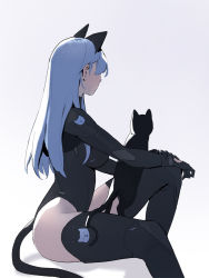 Rule 34 | 1girl, animal ears, black thighhighs, bodysuit, breasts, cat, cat ears, cat tail, dongho kang, facing away, grey background, large breasts, leotard, long hair, looking afar, original, profile, silver hair, simple background, sitting, solo, tail, thighhighs