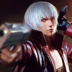 Rule 34 | 1boy, blurry, dante (devil may cry), depth of field, devil may cry, devil may cry (series), devil may cry 3, gun, handgun, highres, ilya kuvshinov, jacket, lips, male focus, open clothes, open jacket, red jacket, solo, upper body, weapon, white hair