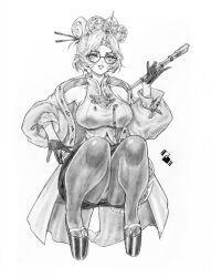 Rule 34 | 1girl, breasts, cleavage, eyeliner, glasses, gloves, graphite (medium), hair ornament, hair stick, headband, highres, holding, jacket, large breasts, looking at viewer, makeup, nintendo, non-web source, parted lips, purah, round eyewear, short eyebrows, short hair, sketch, solo, the legend of zelda, the legend of zelda: tears of the kingdom, traditional media
