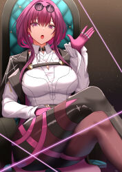 Rule 34 | 1girl, :o, absurdres, black footwear, boots, breasts, crossed legs, elina (eri15), eyewear on head, gloves, hand up, highres, honkai: star rail, honkai (series), kafka (honkai: star rail), large breasts, long sleeves, looking at viewer, medium hair, open mouth, pants, pink gloves, purple eyes, purple hair, purple pants, shirt, single thigh boot, sitting, solo, thigh boots, thighs, white shirt