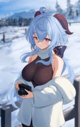 Rule 34 | 1girl, absurdres, adapted costume, ahoge, bare shoulders, blue hair, breasts, camera, closed mouth, coat, commentary, day, eyelashes, ganyu (genshin impact), genshin impact, goat horns, hair between eyes, highres, holding, holding camera, horns, large breasts, long hair, long sleeves, looking at viewer, off shoulder, outdoors, purple eyes, rinrasetsu, sleeveless, snow, solo, white coat