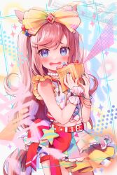 Rule 34 | 1girl, agnes digital (umamusume), animal ears, belt, blue eyes, blue nails, blush, bow, cowboy shot, hair bow, holding, horse ears, horse girl, horse tail, long hair, multicolored clothes, multicolored nails, multicolored skirt, n:go, nail polish, navel, open mouth, pink hair, pleated skirt, red belt, red nails, single wrist cuff, skirt, solo, tail, umamusume, wrist cuffs, yellow bow, yellow nails