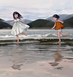 Rule 34 | 2girls, ^ ^, bare arms, bare shoulders, barefoot, beach, black hair, camisole, child, closed eyes, cloud, cloudy sky, day, dress, facing viewer, floating hair, from side, grey sky, hair behind ear, hand up, happy, highres, hill, leg up, maeya susumu, medium dress, multiple girls, no nose, ocean, open hand, open mouth, original, outdoors, pleated dress, profile, red camisole, reflection, reflective water, running, sand, short hair, short shorts, shorts, sky, sleeveless, sleeveless dress, smile, spaghetti strap, splashing, straight hair, sundress, water, water drop, white dress, wide shot, wind