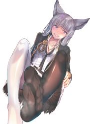 Rule 34 | 10s, 1girl, akieda, animal ears, asymmetrical legwear, black necktie, black skirt, black thighhighs, blue eyes, blush, commentary, dutch angle, erune, feet, foot focus, granblue fantasy, highres, jacket, korwa, legs, long hair, long sleeves, looking at viewer, loose necktie, mismatched legwear, necktie, no shoes, open clothes, open jacket, parted lips, pleated skirt, silver hair, simple background, sitting, skirt, smile, soles, solo, steam, thighhighs, toes, white background, white thighhighs