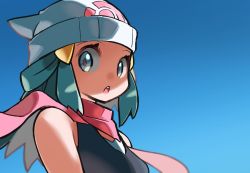 Rule 34 | 1girl, bare arms, beanie, black shirt, commentary, creatures (company), dawn (pokemon), eyelashes, floating scarf, game freak, green hair, grey eyes, hair ornament, hairclip, hat, hyou (hyouga617), long hair, looking at viewer, nintendo, open mouth, pink scarf, pokemon, pokemon dppt, scarf, shirt, sleeveless, sleeveless shirt, solo, teeth, tongue, upper body