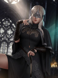 Rule 34 | 1girl, absurdres, armor, blindfold, blonde hair, breasts, candle, cape, capelet, cloak, closed mouth, covered eyes, dark souls (series), dark souls iii, dress, eye mask, fire keeper, gloves, highres, jewelry, lips, long hair, mask, medium breasts, n firenze, necklace, smile, solo, upper body