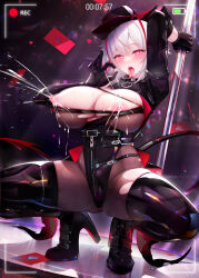 Rule 34 | 1girl, absurdres, arknights, battery indicator, binggong asylum, black footwear, black gloves, black hat, black pantyhose, black thighhighs, breasts, breasts out, demon horns, demon tail, elbow gloves, gloves, grey hair, handjob gesture, hat, heart, heart-shaped pupils, high heels, highres, horns, lactation, large breasts, looking at viewer, nipples, no bra, open mouth, pantyhose, projectile lactation, recording, red eyes, shirt, short hair, solo, spread legs, squatting, symbol-shaped pupils, tail, thighhighs, thighhighs over pantyhose, torn clothes, torn pantyhose, torn shirt, w (arknights), w (wanted) (arknights)