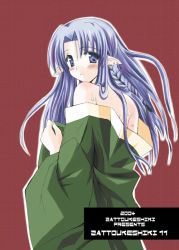 Rule 34 | 00s, 10mo, 1girl, 2004, artist name, bare shoulders, blue eyes, blue hair, blush, braid, dated, earrings, fate/stay night, fate (series), japanese clothes, jewelry, long hair, long sleeves, matching hair/eyes, medea (fate), outline, pointy ears, red background, simple background, single braid, solo, undressing