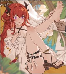 Rule 34 | 1girl, arknights, barefoot, breasts, cleavage, feet, horns, long hair, medium breasts, parted lips, purple eyes, red hair, sandals, shoes, single shoe, soles, solo, surtr (arknights), toes, xssh
