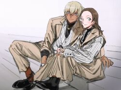 Rule 34 | 1boy, 1girl, amuro tooru, black footwear, blonde hair, blue eyes, brown hair, commentary request, couple, dark-skinned male, dark skin, enomoto azusa, formal, green eyes, hair between eyes, highres, jewelry, looking at viewer, masso, meitantei conan, necklace, red nails, shirt, sitting, sitting on stairs, sleeves rolled up, smile, stairs, striped clothes, striped shirt, suit, vertical-striped clothes, vertical-striped shirt, waistcoat, watch, wristwatch