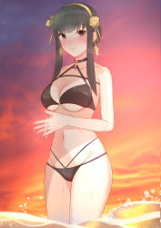 Rule 34 | 1girl, absurdres, bikini, black bikini, black choker, blush, breasts, choker, closed mouth, earrings, flower, gold earrings, gold hairband, gradient sky, grey sky, hair flower, hair ornament, hairband, highres, interlocked fingers, jewelry, large breasts, long hair, looking at viewer, navel, orange sky, own hands together, raised eyebrows, red eyes, rose, short hair with long locks, sidelocks, sky, smile, solo, spikes, spy x family, stomach, sunset, swimsuit, thighs, wading, water, wet, yor briar, yuuki (fehr2487)