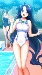 Rule 34 | 2girls, :d, bare arms, bare legs, blue bow, blue eyes, blue hair, bow, bow hairband, collarbone, competition swimsuit, day, doukyuusei another world, floating hair, game cg, gluteal fold, hair bow, hairband, koiwai akari, long hair, looking at viewer, multiple girls, one-piece swimsuit, open mouth, outdoors, poolside, smile, solo focus, swimsuit, thigh gap, very long hair, waving, white hairband, white one-piece swimsuit