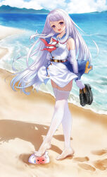 Rule 34 | 1girl, absurdres, arm behind back, beach, belt, black footwear, blue dress, blue sky, blush, breasts, cang se ye hua, changchun (warship girls r), cloud, cloudy sky, dirty, dirty clothes, dress, elbow gloves, eyelashes, feet, floating hair, full body, gloves, gradient hair, grey hair, highres, holding, holding shoes, large breasts, legs, light purple hair, loafers, looking at viewer, multicolored clothes, multicolored dress, multicolored hair, neckerchief, no shoes, open mouth, outdoors, pink eyes, red neckerchief, sand, shadow, shoes, unworn shoes, short dress, skindentation, sky, sleeveless, sleeveless dress, solo, standing, stepped on, swept bangs, thighhighs, thighs, toenails, toes, warship girls r, water, white dress, white thighhighs