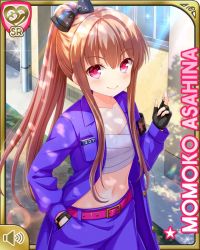 Rule 34 | 1girl, asahina momoko, banchou, belt, black bow, bow, brown hair, closed mouth, delinquent, fingerless gloves, girlfriend (kari), gloves, hand in pocket, jacket, japanese clothes, long hair, midriff, official art, outdoors, pants, pink belt, pocket, ponytail, purple jacket, purple pants, qp:flapper, red eyes, sarashi, school, smile, solo, standing, stomach, tagme, window, wrappings