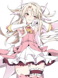 Rule 34 | 1girl, ascot, blonde hair, blush, bridal garter, brown eyes, closed mouth, fate/kaleid liner prisma illya, fate (series), feathers, frilled skirt, frills, gloves, illyasviel von einzbern, ixy, long hair, looking to the side, magical girl, prisma illya, simple background, skirt, solo, sweat, white background, white gloves, white skirt, yellow ascot