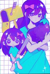 Rule 34 | 2girls, aubrey (omori), baseball bat, blue dress, bow, bright pupils, chibi, cowboy shot, crossed arms, dress, dual persona, grid background, hair between eyes, hair bow, highres, holding, holding baseball bat, holding stuffed toy, light blush, long hair, looking at viewer, mailbox (incoming mail), multiple girls, omori, pink bow, purple eyes, purple hair, short sleeves, simple background, sparkle, standing, stuffed eggplant, stuffed toy, takenaka (takenaka1111), white background, white pupils