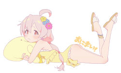 Rule 34 | 1girl, ahoge, ass, bare legs, bead anklet, breasts, brown eyes, commentary, copyright name, earrings, feet up, flip-flops, flower, flower earrings, frilled one-piece swimsuit, frills, from side, full body, hair between eyes, hair flower, hair ornament, jewelry, kiraringo, light blush, long hair, looking at viewer, lying, hugging object, on stomach, one-piece swimsuit, onii-chan wa oshimai!, oyama mahiro, pink hair, sandals, simple background, small breasts, solo, stuffed toy, sweat, swimsuit, tearing up, wavy mouth, wedgie, white background, yellow one-piece swimsuit