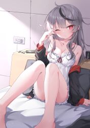Rule 34 | 1girl, ahoge, barefoot, black hair, black jacket, breasts, cellphone, closed mouth, commentary, electrical outlet, grey hair, highres, hololive, indoors, jacket, knees up, legs, long hair, long sleeves, looking at viewer, medium breasts, multicolored hair, off shoulder, on bed, open clothes, open jacket, phone, pillow, quarterlift, red eyes, revision, rubbing eyes, sakamata chloe, shirt, sitting, smartphone, solo, streaked hair, virtual youtuber, white shirt