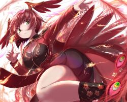 Rule 34 | 1girl, bird girl, bird tail, bird wings, boots, dress, feathered wings, feathers, fire, green eyes, head wings, highres, kemono friends, looking at viewer, okyao, red dress, red hair, short hair, simple background, solo, suzaku (kemono friends), tail, wings