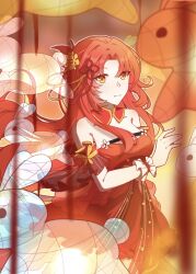 Rule 34 | 1girl, bare shoulders, blurry, blurry background, breasts, closed mouth, detached sleeves, dress, flower, hair ornament, highres, honkai (series), honkai impact 3rd, lan yi long yu, lantern, large breasts, long hair, looking at viewer, murata himeko, paper lantern, red dress, red flower, red hair, red rose, rose, smile, solo, very long hair, yellow eyes