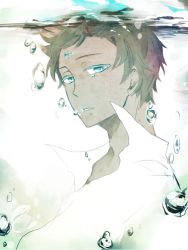 Rule 34 | 1boy, bad id, bad pixiv id, blue eyes, brown hair, bubble, dark skin, dark-skinned male, facial mark, hongcha (roels), looking at viewer, male focus, parted lips, popped collar, roels, scp-073, scp foundation, solo, submerged