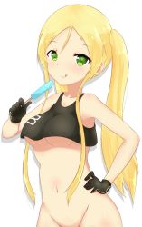 Rule 34 | 1girl, :q, absurdres, armpits, azur lane, bare shoulders, black bow, blonde hair, blush, bottomless, bow, breasts, closed mouth, collarbone, commentary, crop top, crop top overhang, drop shadow, food, green eyes, groin, hand on own hip, highres, holding, holding food, hornet (azur lane), long hair, medium breasts, navel, out-of-frame censoring, parted bangs, popsicle, sidelocks, smile, solo, tongue, tongue out, twintails, underboob, very long hair, white background, yuujoduelist