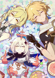 Rule 34 | 1boy, 2girls, absurdres, aether (genshin impact), blonde hair, brother and sister, closed eyes, dress, drooling, earrings, finger to mouth, flower, genshin impact, gloves, hair between eyes, hair flower, hair ornament, halo, highres, jewelry, looking at viewer, lumine (genshin impact), lying, multiple girls, on back, open mouth, paimon (genshin impact), scarf, short hair, short hair with long locks, shushing, siblings, sleeping, smile, user rerh5238, white dress, white hair, yellow eyes