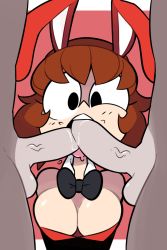 Rule 34 | 1girl, 2boys, animal ears, bad id, bad twitter id, black eyes, blush, bow, bowtie, breasts, brown hair, cleavage, daicon bunny girl, daicon iv, detached collar, fake animal ears, fellatio, group sex, hetero, highres, leotard, miscon, mmf threesome, multiple boys, multiple penis fellatio, open mouth, oral, penis, playboy bunny, rabbit ears, red background, saliva, solo focus, testicles, threesome, tongue, uncensored, veins, veiny penis