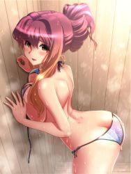 Rule 34 | 1girl, against wall, alternate costume, alternate hairstyle, arched back, ass, bikini, blonde hair, blush, breast press, breasts, butt crack, cleavage, dimples of venus, gradient hair, highres, hijiri byakuren, kezune (i- -i), large breasts, long hair, looking at viewer, multicolored hair, open mouth, parted lips, purple hair, side-tie bikini bottom, smile, solo, swimsuit, touhou, untied, updo, water, wet, yellow eyes