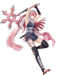 Rule 34 | 1girl, arm guards, axe, bare shoulders, battle axe, breasts, cherche (fire emblem), elbow gloves, feet, female focus, fingerless gloves, fire emblem, fire emblem awakening, fire emblem heroes, flower print, gloves, headgear, highres, holding, holding axe, holding weapon, holster, japanese clothes, kaya8, kodachi, kunai, long hair, matching hair/eyes, medium breasts, ninja, nintendo, non-web source, obi, official alternate costume, official art, pelvic curtain, pink eyes, pink hair, sandals, sash, scarf, sheath, sheathed, short sword, sleeveless, solo, sword, thigh holster, thighhighs, toeless legwear, toes, transparent background, weapon, zouri