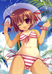 Rule 34 | 1girl, ;d, absurdres, backpack, bag, bikini, blush, brown hair, chikotam, cloud, crotch, day, dengeki moeou, flat chest, front-tie top, hair ribbon, hat, highres, looking at viewer, navel, one-piece tan, one eye closed, open mouth, original, palm tree, red bikini, red eyes, ribbon, scan, scrunchie, short hair, side-tie bikini bottom, sky, smile, solo, striped bikini, striped clothes, sun hat, swimsuit, tan, tanline, tree, two side up, water gun, wet, wink