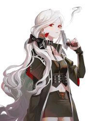 Rule 34 | 1girl, absurdres, black coat, bow, coat, collar, collarbone, earrings, forever 7th capital, gun, hair bow, highres, holding, holding gun, holding weapon, jewelry, long hair, looking at viewer, migumi, miniskirt, nail polish, red eyes, red nails, simple background, skirt, smoke, smoking barrel, solo, very long hair, weapon, white background, white hair