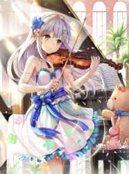 Rule 34 | 1girl, blue bow, blue flower, blush, bow, closed mouth, curtains, floating hair, flower, frilled skirt, frills, green eyes, hair flower, hair intakes, hair ornament, highres, himonoata, holding, holding instrument, holding violin, instrument, kuuki shoujo, long hair, miniskirt, music, piano, playing instrument, silver hair, single thighhigh, skirt, sleeveless, smile, solo, standing, striped, striped bow, stuffed animal, stuffed toy, teddy bear, the personification of atmosphere, thighhighs, very long hair, violin, white skirt, wind