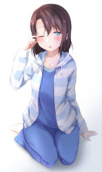 Rule 34 | 1girl, absurdres, arm support, bang dream!, barefoot, blue eyes, blue pants, blue shirt, blush, brown hair, collarbone, commentary request, drawstring, full body, fur-trimmed jacket, fur trim, hair between eyes, hand up, highres, hitotsuki no yagi, hood, hood down, hooded jacket, jacket, long hair, long sleeves, looking at viewer, okusawa misaki, one eye closed, open clothes, open jacket, pants, parted bangs, parted lips, rubbing eyes, shirt, sleeves past wrists, solo, striped clothes, striped jacket, teeth, upper teeth only, white background