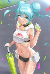 Rule 34 | 1girl, absurdres, akrun, aqua eyes, aqua hair, bare shoulders, black choker, body writing, breasts, choker, closed umbrella, collarbone, commentary, confetti, cowboy shot, crop top, cropped vest, crypton future media, double bun, gloves, goodsmile racing, green gloves, grin, groin, hair between eyes, hair bun, hand up, hatsune miku, highres, holding, holding umbrella, hood, hood down, hooded vest, hoodie, looking at viewer, microskirt, midriff, navel, official alternate costume, official alternate hairstyle, pouch, race queen, racing miku, racing miku (2022), road, shadow, sidelocks, skirt, small breasts, smile, solo, standing, sweat, tan, teeth, two-tone gloves, umbrella, vest, vocaloid, white gloves, white vest