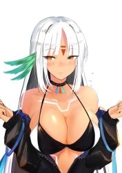 Rule 34 | 1girl, azur lane, bare shoulders, bikini, bikini under clothes, black hair, black jacket, blush, bodypaint, breasts, brown eyes, choker, cleavage, closed mouth, collarbone, facepaint, flying sweatdrops, hands up, highres, jacket, large breasts, long hair, long sleeves, looking at viewer, massachusetts (azur lane), multicolored hair, native american, open clothes, open jacket, pnatsu, silver hair, simple background, solo, swimsuit, swimsuit under clothes, tan, unzipped, upper body, white background
