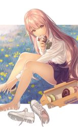 Rule 34 | 1girl, bandaged foot, bandages, bare legs, barefoot, bow, bowtie, coffee cup, collared shirt, cup, dandelion, disposable cup, doughnut, eating, flower, food, food in mouth, grass, green bow, green bowtie, holding, holding food, legs, long hair, long sleeves, looking at viewer, mole, mole under eye, mrym09yutaka, original, pastry box, pink eyes, pink hair, purple skirt, school uniform, shadow, shirt, shoes, unworn shoes, sitting, skirt, sneakers, solo, very long hair, white footwear, white shirt