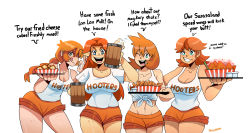 Rule 34 | 4girls, ;), ;d, absurdres, alex (minecraft), belly, blue eyes, braid, breasts, cleavage, collarbone, creatures (company), cup, english text, fist pump, food, food on face, freckles, game freak, green eyes, grin, highres, holding, holding cup, holding tray, hooters, leaning forward, long hair, looking at viewer, malon, mario (series), milk, minecraft, misty (pokemon), multiple girls, navel, nintendo, ok sign, one eye closed, open mouth, orange hair, orange shorts, pokemon, pokemon hgss, princess daisy, shirt, short hair, short shorts, shorts, simple background, smile, super mario land, tan, tank top, the legend of zelda, the legend of zelda: ocarina of time, thegreyzen, thick thighs, thighs, tied shirt, tomboy, tongue, tongue out, tray, white background, wink