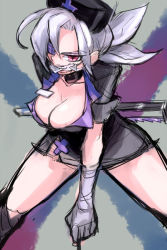 Rule 34 | 1girl, alternate color, biting, breasts, choker, clenched teeth, commentary request, eyepatch, female focus, gloves, grey hair, hacksaw, hair over one eye, hat, large breasts, looking at viewer, mask, mouth mask, notoro, nurse, nurse cap, palette swap, ponytail, red eyes, saw, skullgirls, solo, surgical mask, teeth, valentine (skullgirls), weapon, white gloves