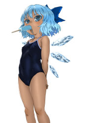 Rule 34 | 1girl, arms behind back, bare arms, bare legs, blue bow, blue eyes, bow, cirno, colored eyelashes, competition school swimsuit, covered erect nipples, dark-skinned female, dark skin, eating, food, hair bow, ice, ice wings, katou haruaki, looking at viewer, one-piece swimsuit, popsicle, school swimsuit, simple background, solo, standing, swimsuit, tan, tanned cirno, touhou, white background, wings