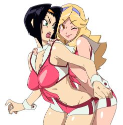 Rule 34 | 2girls, ;), black hair, blonde hair, blush, blush stickers, breasts, choker, cleavage, cowboy bebop, creator connection, crossover, faye valentine, green eyes, hairband, hands on another&#039;s shoulders, honey (space dandy), jinou rakugaki, large breasts, lipstick, long hair, looking at another, makeup, medium breasts, midriff, multiple girls, one eye closed, open mouth, red lips, revealing clothes, sailor collar, short hair, short shorts, shorts, simple background, smile, space dandy, thighs, uniform, wavy hair, white background, white choker, wrist cuffs