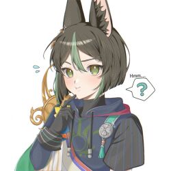 Rule 34 | 1boy, ?, animal ear fluff, animal ears, black gloves, black hair, blush, commentary, earrings, english text, flying sweatdrops, fox boy, fox ears, genshin impact, gloves, green eyes, green hair, highres, hood, hoodie, jewelry, looking at viewer, male focus, medal, multicolored hair, papipipi71, simple background, single earring, solo, sparkle, spoken question mark, sweat, sweatdrop, tighnari (genshin impact), white background