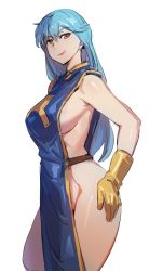 Rule 34 | 1girl, blue hair, bow (bhp), breasts, brown eyes, closed mouth, dragon quest, dragon quest iii, from side, gloves, groin, large breasts, long hair, looking at viewer, looking to the side, naked tabard, priest (dq3), sideboob, smile, smug, solo, standing, tabard, yellow gloves