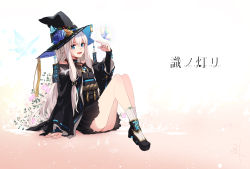 Rule 34 | 1girl, :d, absurdres, black footwear, black hat, black jacket, black skirt, blue eyes, blue flower, bridal gauntlets, brown background, brown flower, commentary request, copyright name, flower, gradient background, hair between eyes, hand up, hat, hat flower, highres, jacket, knees up, long hair, long sleeves, mito w, open clothes, open jacket, open mouth, pleated skirt, shiki no akari, shoes, silver hair, sitting, skirt, smile, socks, solo, tomoshibi no majo, very long hair, white background, white socks, wide sleeves, witch hat