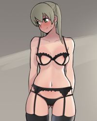 Rule 34 | 1girl, bare shoulders, black bra, black panties, black thighhighs, blush, bra, breasts, closed mouth, collarbone, commentary request, donburi (donburikazoku), embarrassed, eyebrows, facing viewer, feet out of frame, female focus, garter belt, garter straps, gluteal fold, green eyes, groin, lingerie, long hair, looking away, maka albarn, medium breasts, midriff, navel, no pupils, panties, simple background, smile, solo, soul eater, standing, sweatdrop, thigh gap, thighhighs, thighs, twintails, underwear, white hair